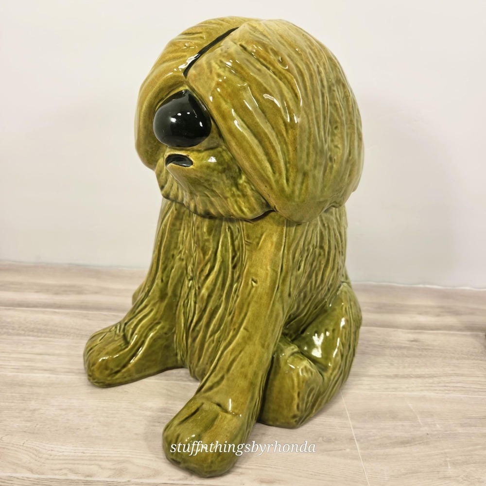 Vintage 1970s MCM Avacado Green Sheepdog Cookie Jar By Doranne of California